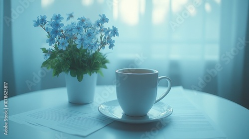 A cup of coffee, a bouquet of blue flowers, and papers on a white table with a window in the background.