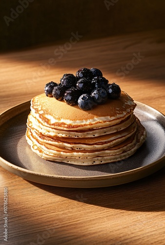 Fluffy Pancakes with Blackberries on Wooden Table photo