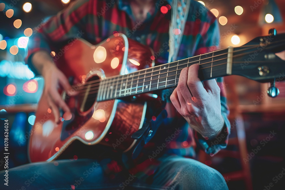 Fototapeta premium Generative AI Image of a Guitarist Performing with Acoustic Guitar