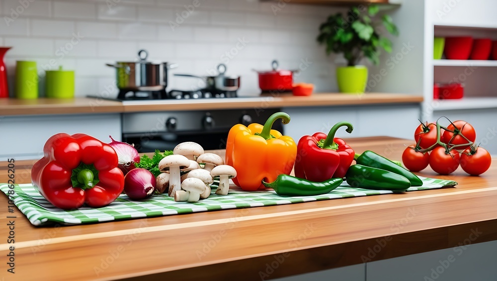 Modern Kitchen Interior with Fresh Vegetables on Wooden Counter, White Tile Backsplash, and Natural Light Modern Kitchen Interior with Fresh Vegetables on Wooden Counter, White Tile Backsplash, and Natural Light