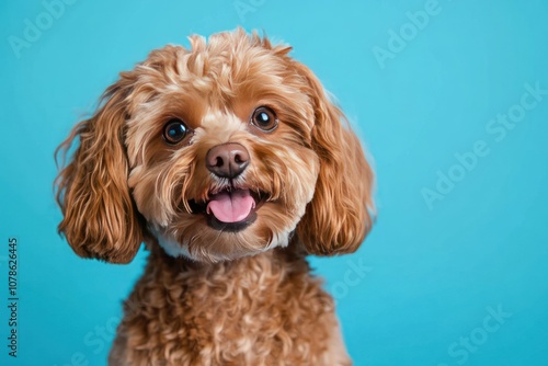 Playful Dog with Bright Smile on Blue Background