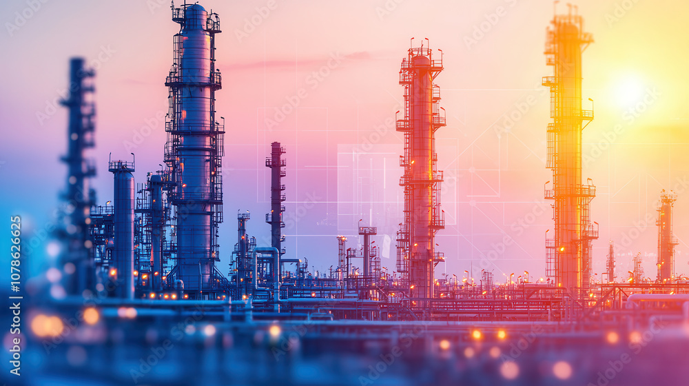 Obraz premium Industrial facility with tall smokestacks at sunset, showcasing modern architecture and technology. scene captures essence of energy production and innovation