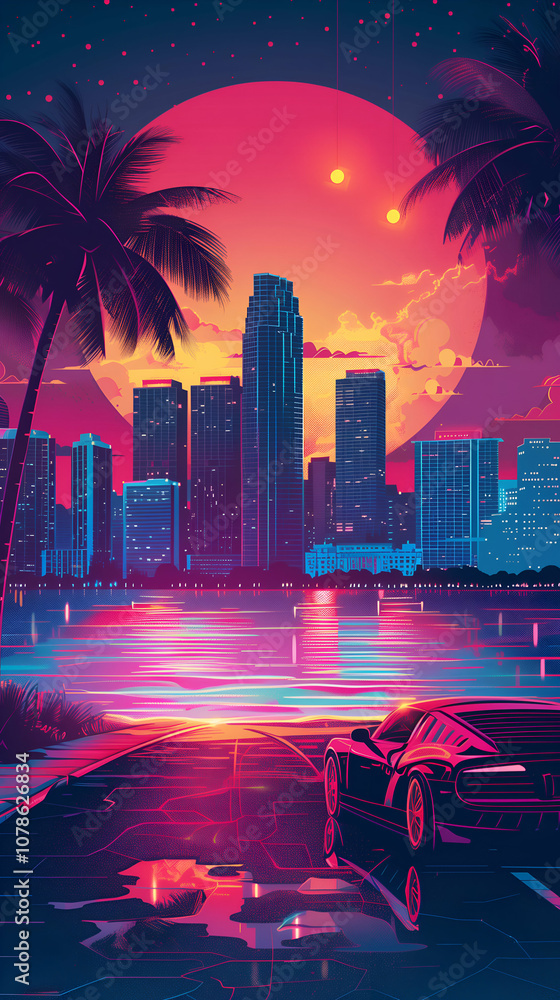 Obraz premium Retro Futuristic Cityscape at Sunset