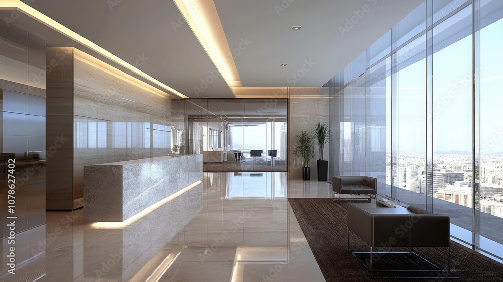 Modern office lobby with sleek marble reception desk and large windows offering panoramic city views. Modern office lobby with sleek marble reception desk and large windows offering panoramic city views.
