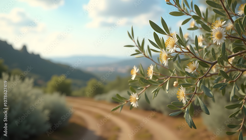 A blooming olive branch, against the background of a traditional Mediterranean landscape A blooming olive branch, against the background of a traditional Mediterranean landscape
