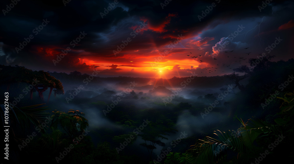 Naklejka premium Sunset Over Misty Jungle