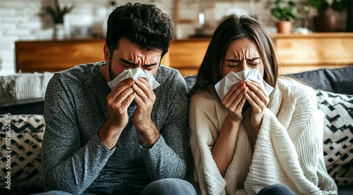 A man and woman sitting on the couch, both blowing their nose with tiny...