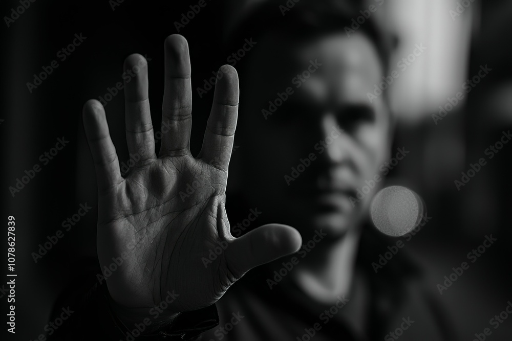 A man holds his hand up in a stop gesture, captured in a black and white... A man holds his hand up in a stop gesture, captured in a black and white...