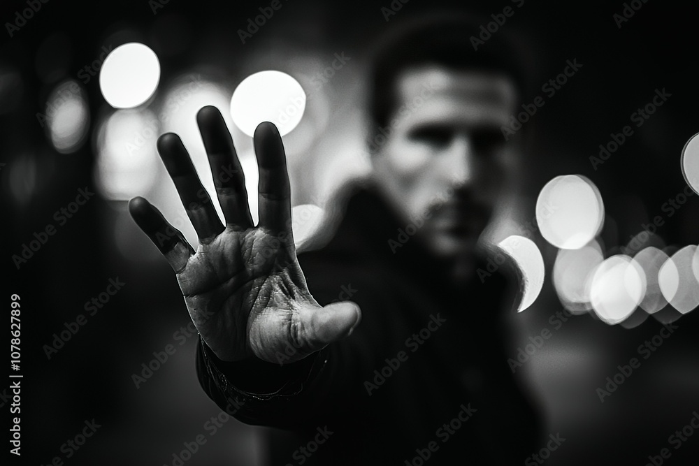 A man holds his hand up in a stop gesture, captured in a black and white... A man holds his hand up in a stop gesture, captured in a black and white...