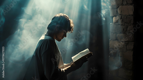 Young Man Reading in Mystical Light