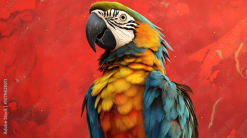 Obraz premium Proud Macaw Bird Set Against a Bold Red Background for a Captivating and Characterful Wallpaper Design