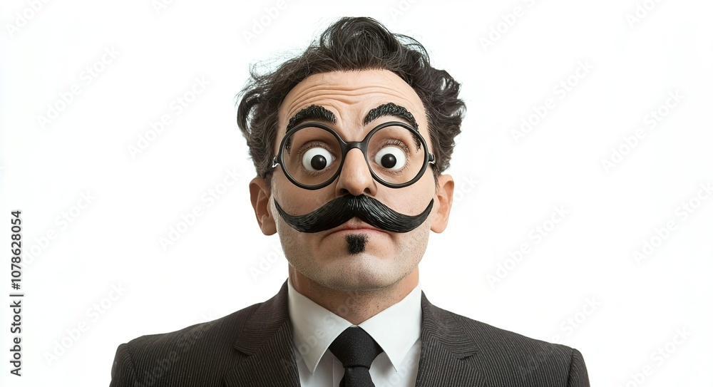 A man in a suit and tie wearing a Groucho Marx mask with a black mustache,... A man in a suit and tie wearing a Groucho Marx mask with a black mustache,...