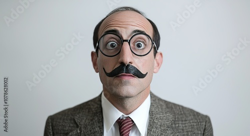 A man in a suit and tie wearing a Groucho costume mask with a mustache,... photo