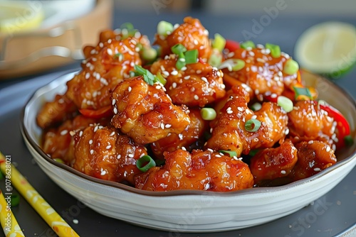 Sesame chicken with green onions in a bowl.