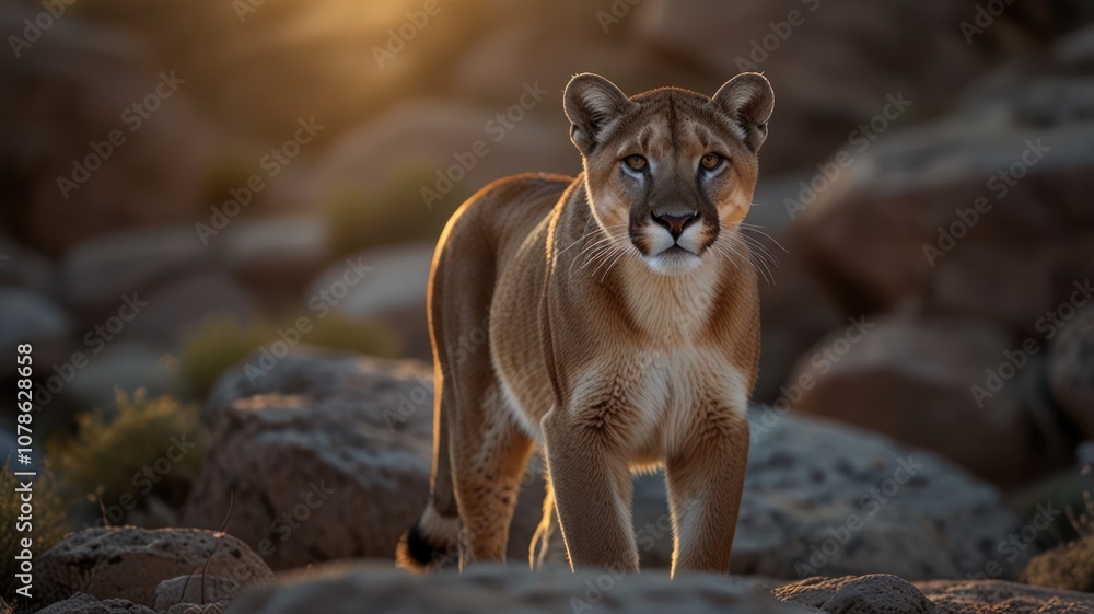 Obraz premium A majestic mountain lion stands proudly in the golden light of the setting sun, its gaze fixed on the camera.