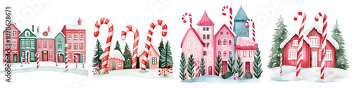 Explore the enchanting Candy Cane Lane  where quaint winter cottages  adorned with festive nestle amidst a snowy landscape of towering trees and candy colored accents  creating a dreamy photo