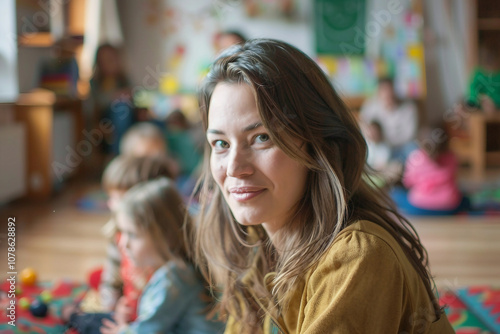 Wallpaper Mural Generative AI Teacher Smiling in Kindergarten Classroom with Children Torontodigital.ca