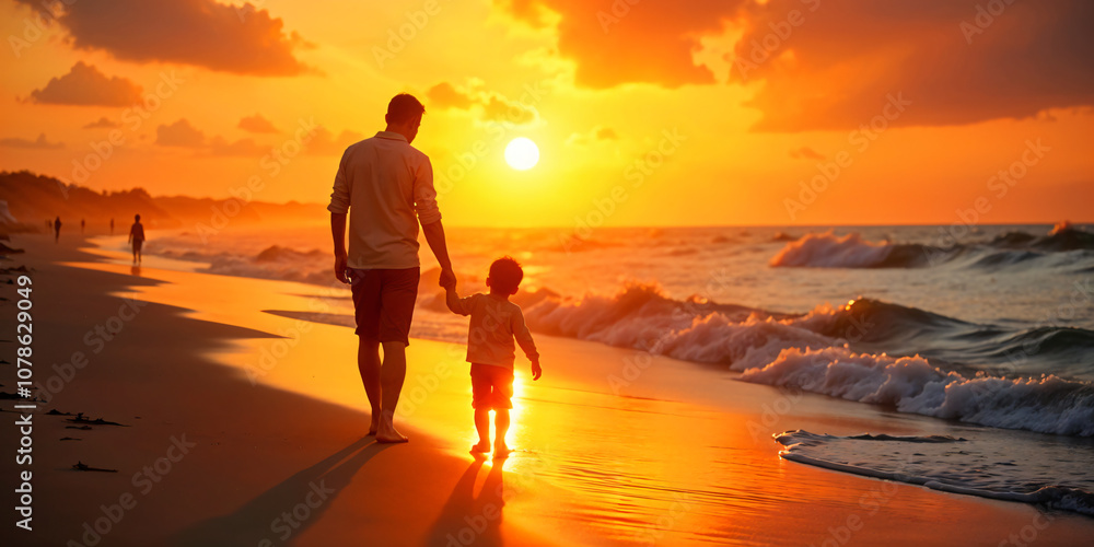 A family of walks hand-in-hand along the beach at sunset, silhouettes illuminated by the golden hues of the sunset, reflecting off the water and sand, capturing a peaceful, bonding moment. A family of walks hand-in-hand along the beach at sunset, silhouettes illuminated by the golden hues of the sunset, reflecting off the water and sand, capturing a peaceful, bonding moment.