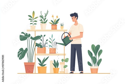 A man watering plants in his apartment, a simple flat vector illustration...