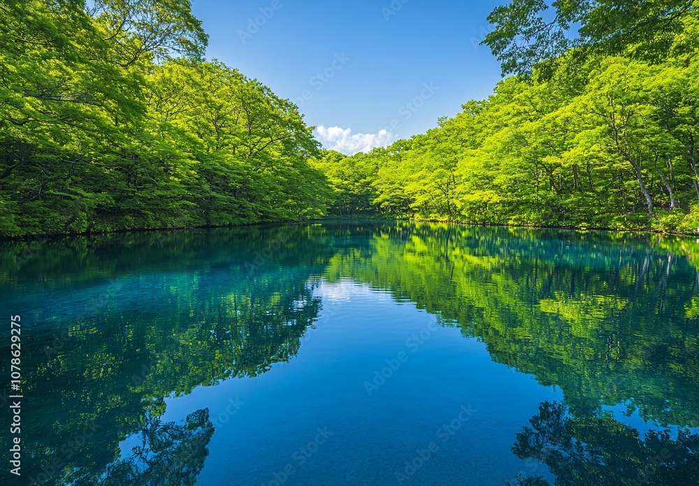 Tranquil Japanese Lake with Lush Greenery Reflection Tranquil Japanese Lake with Lush Greenery Reflection