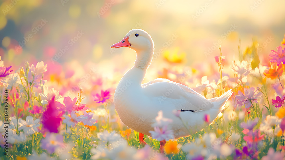 Vibrant Domestic Duck Walking Through a Flower Field with Bright Solid Color Background for Cheerful Wallpaper Vibrant Domestic Duck Walking Through a Flower Field with Bright Solid Color Background for Cheerful Wallpaper