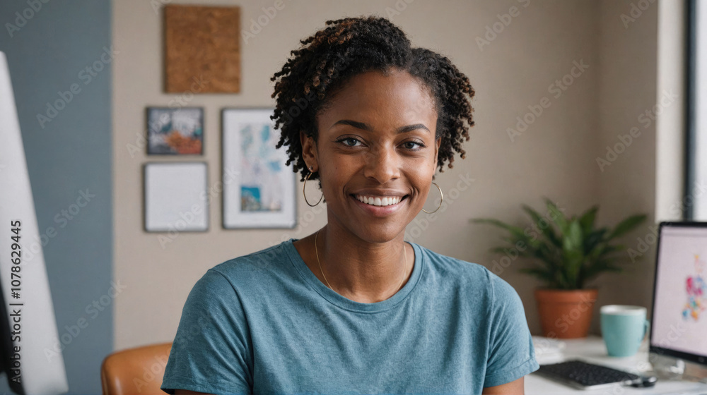 Fototapeta premium A young woman with short curly hair smiles at the camera while sitting at a desk in her home office