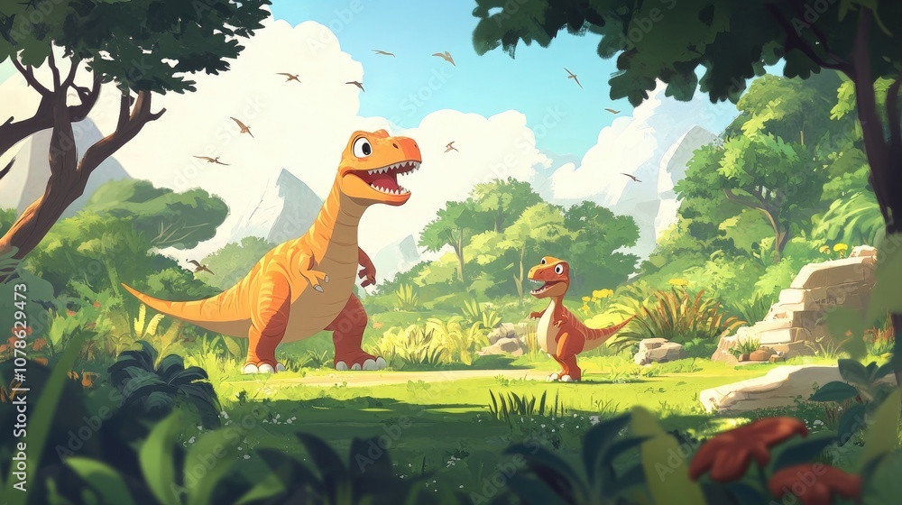 Naklejka premium Cute Cartoon Dinosaurs in Lush Natural Scene