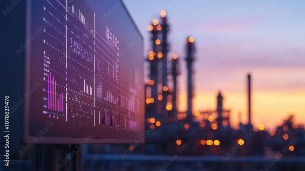 Industrial plant rooftop view with data visualization at sunset, showcasing vibrant colors and modern technology. scene captures essence of innovation and industry