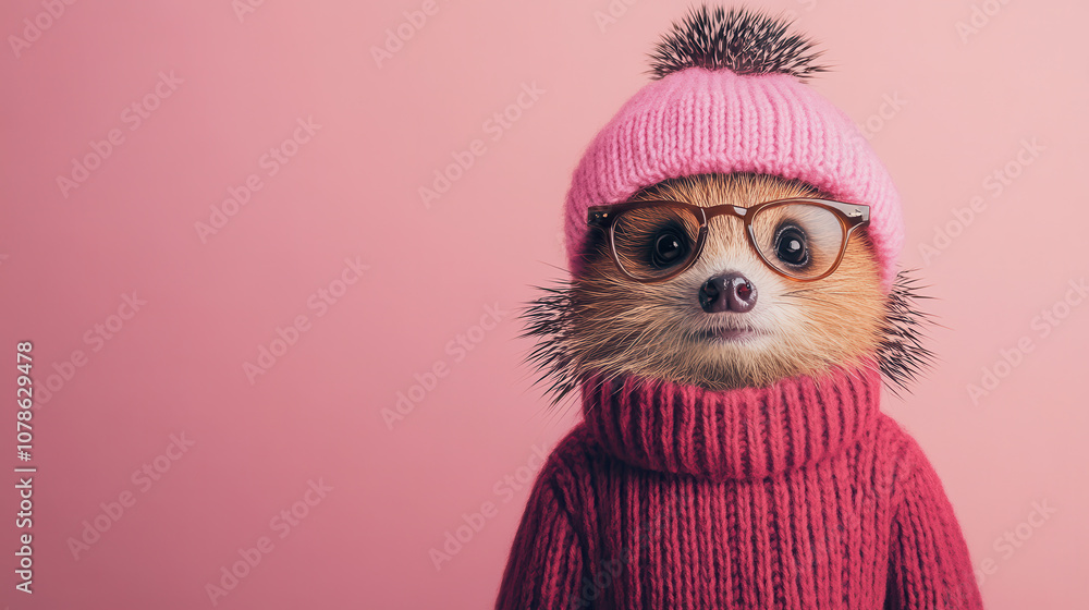 Fototapeta premium hedgehog wearing pink knitted hat and sweater, looking adorable and stylish. This cute animal exudes charm and warmth against soft pink background