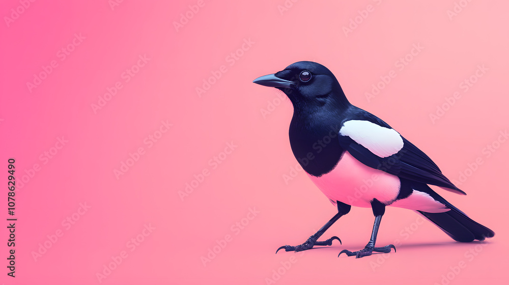 Obraz premium Colorful Depiction of Lively Eurasian Magpie Bird Against Contrasting Background for Captivating Wallpaper Aesthetics