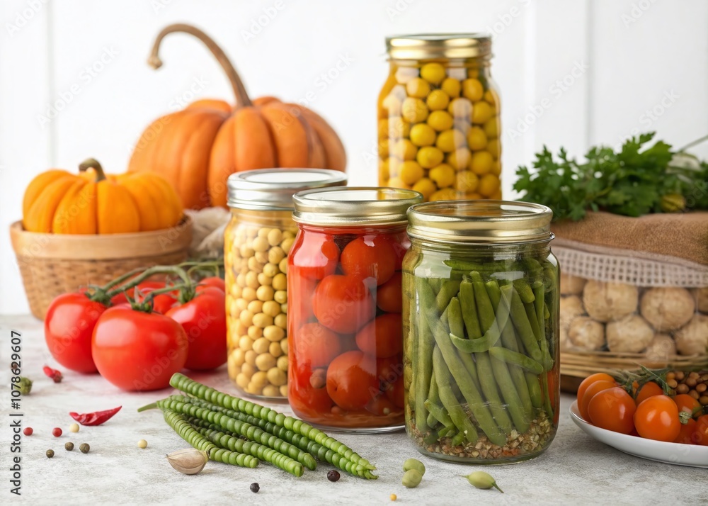 Vibrant Display of Preserved Pickled Vegetables in Glass Jars Including Tomatoes, Peas, Chickpeas, Beans, and Pumpkins on a Clean White Background for Food Photography Vibrant Display of Preserved Pickled Vegetables in Glass Jars Including Tomatoes, Peas, Chickpeas, Beans, and Pumpkins on a Clean White Background for Food Photography