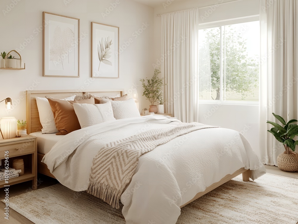 Fototapeta premium ナチュラルで落ち着いたベッドルームインテリア | Cozy and Natural Bedroom Interior