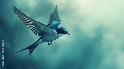 Electrifying Swallow Bird in Mid-Dive on a Bright Cyan Background for Contemporary Wallpaper Styles