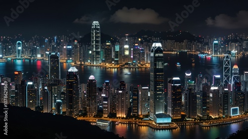 Wallpaper Mural Nighttime panoramic view of a city skyline with skyscrapers and bright lights reflecting on the water. Torontodigital.ca