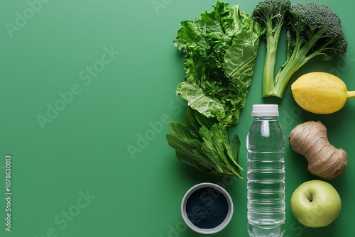 Fototapeta Naklejka Na Ścianę i Meble -  A photo of an array of fresh green vegetables, leaves, and fruits on the...