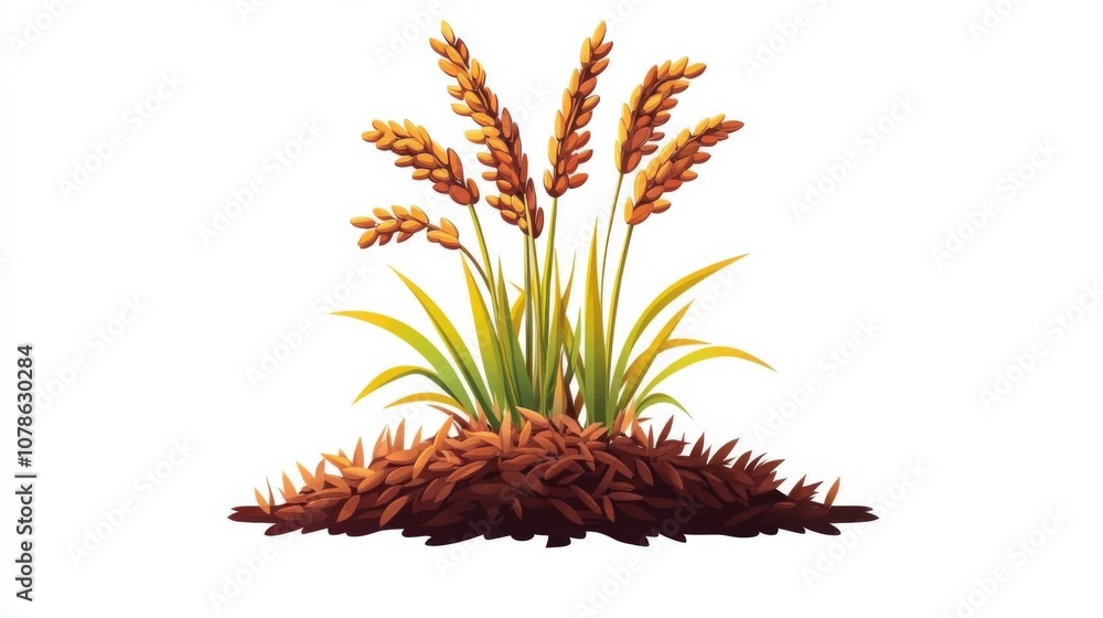 Golden rice plant with lush green leaves growing from rich, brown soil in a bright, clear setting under natural light Golden rice plant with lush green leaves growing from rich, brown soil in a bright, clear setting under natural light