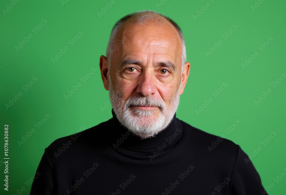 Portrait of a mature man in a black turtleneck against a green backdrop Portrait of a mature man in a black turtleneck against a green backdrop