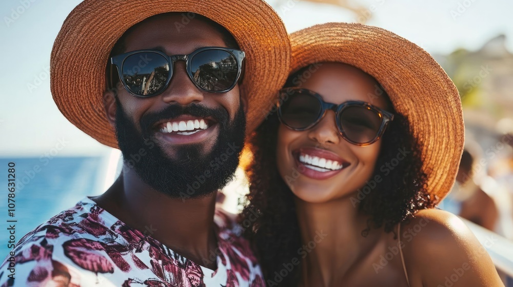 A happy couple in sunglasses and straw hats smile for the camera on a sunny day. A happy couple in sunglasses and straw hats smile for the camera on a sunny day.