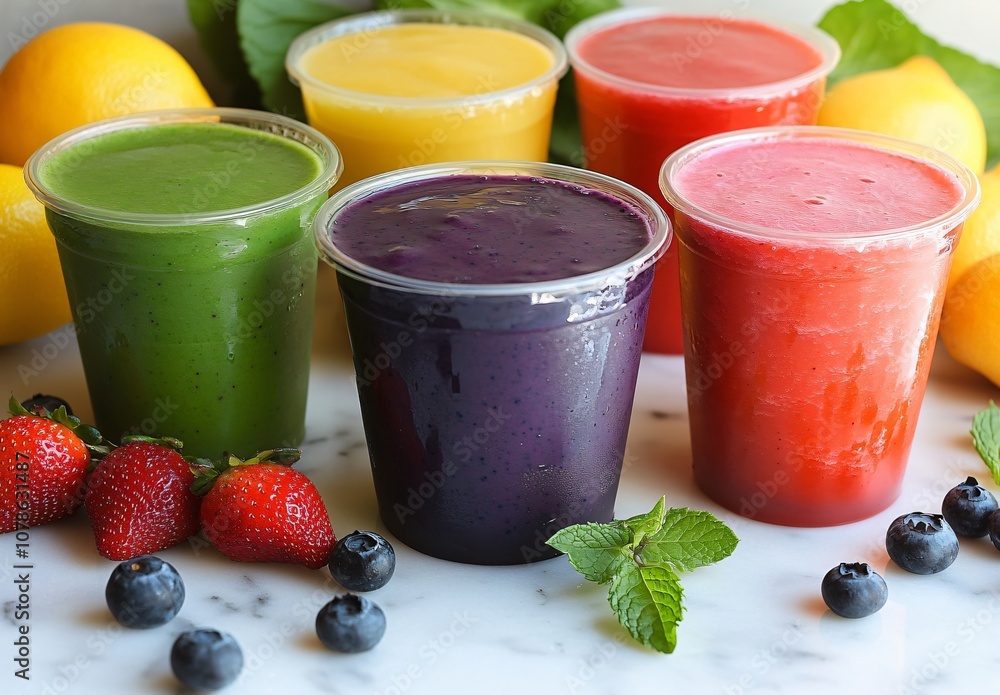 Colorful Fruit Smoothies on Marble Surface Colorful Fruit Smoothies on Marble Surface