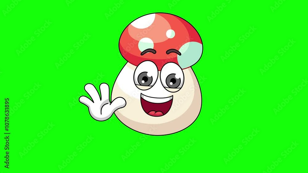 Waving hand animation of a mushroom cartoon, mascot character on green screen Waving hand animation of a mushroom cartoon, mascot character on green screen