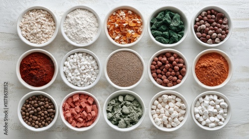 Several small, white bowls filled with a variety of colorful ingredients are arranged on a white wooden surface, highlighting their diversity and utility in cooking.