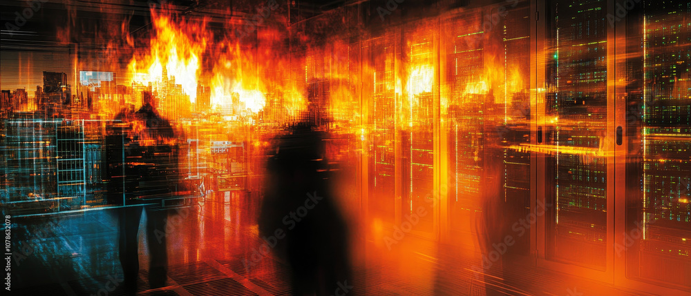 Flames in server room create dramatic double exposure with busy urban skyline, showcasing contrast between technology and chaos. scene evokes sense of urgency and intensity Flames in server room create dramatic double exposure with busy urban skyline, showcasing contrast between technology and chaos. scene evokes sense of urgency and intensity