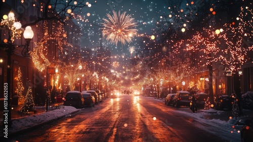 Snowy city street with fireworks and Christmas lights at night.