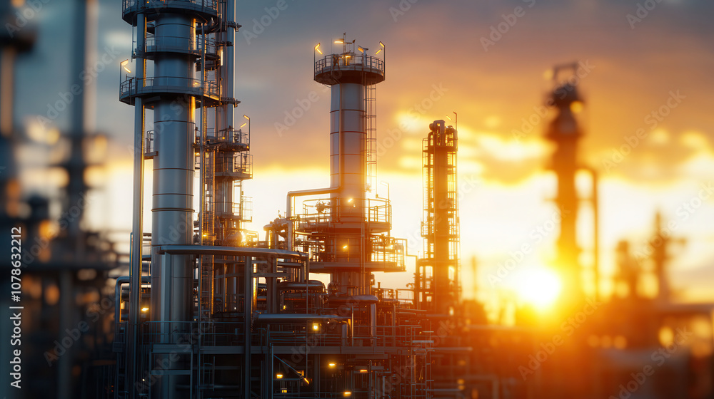 Industrial plant at sunrise with solar panels and pipes illuminated by sunlight, showcasing modern energy solutions and technology Industrial plant at sunrise with solar panels and pipes illuminated by sunlight, showcasing modern energy solutions and technology