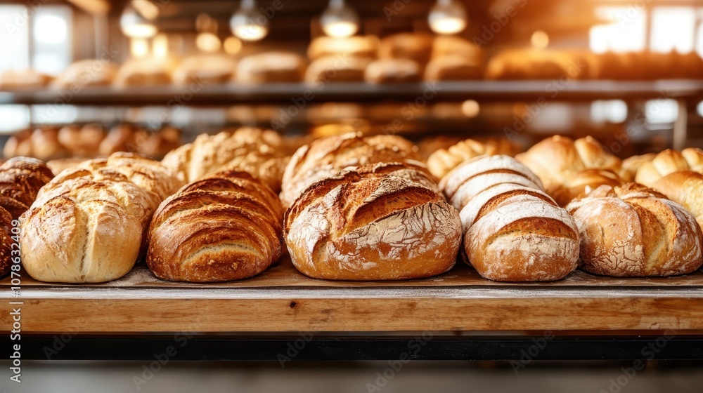 A variety of artisan bread loaves are neatly arranged on a wooden shelf, basking in warm lighting, capturing the essence of a cozy bakery atmosphere. A variety of artisan bread loaves are neatly arranged on a wooden shelf, basking in warm lighting, capturing the essence of a cozy bakery atmosphere.