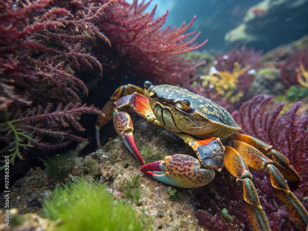 Vibrant Macro Photography of a Colorful Crab Amidst Lush Marine Life in a Tide Pool, Showcasing Details and Textures Under Natural Light Vibrant Macro Photography of a Colorful Crab Amidst Lush Marine Life in a Tide Pool, Showcasing Details and Textures Under Natural Light