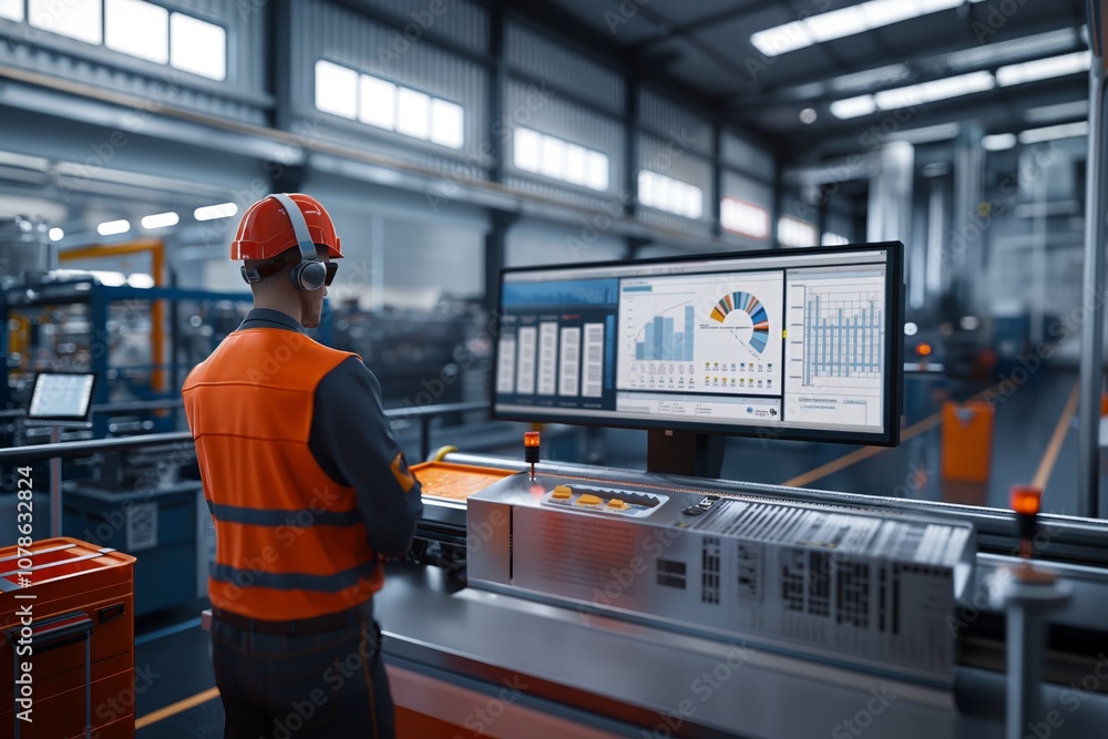 Industrial Workers Analyzing Data Analytics Charts on Factory Floor Industrial Workers Analyzing Data Analytics Charts on Factory Floor