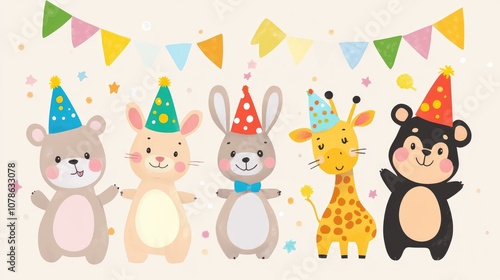 Cute Animal Group Celebration with Party Hats