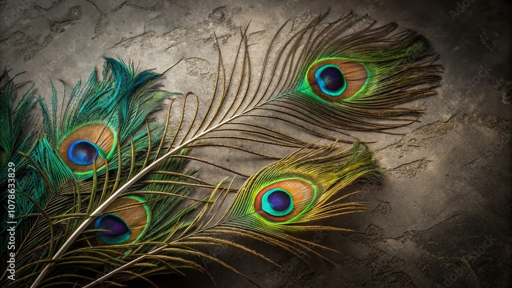 Obraz premium Vibrant Peacock Feathers Displaying Rich Colors Against a Grunge Background for Artistic and Nature-Inspired Imagery