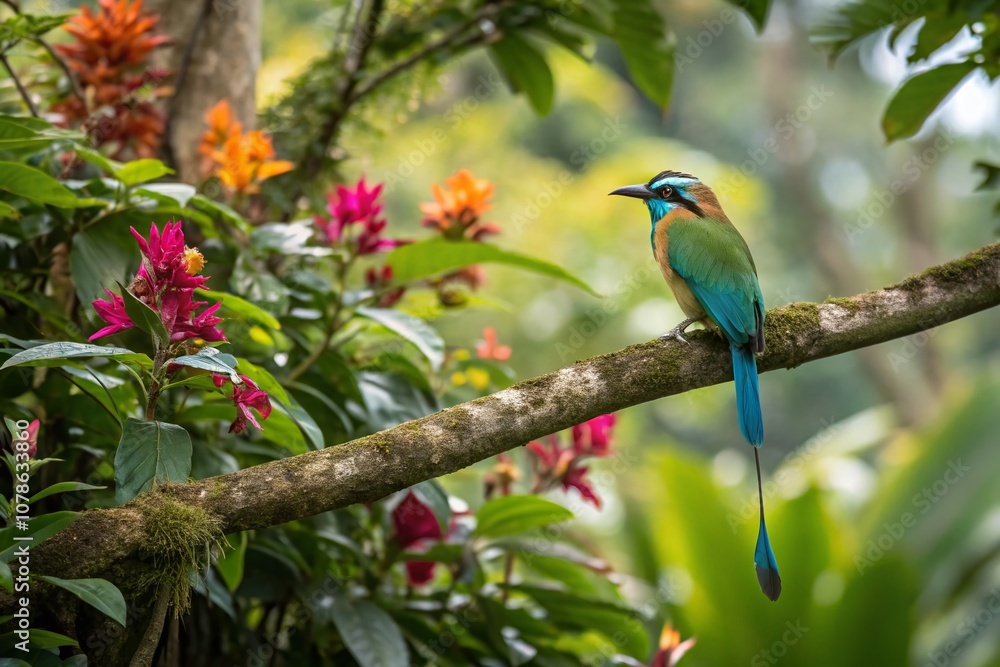 Vibrant Perched Turquoise-browed Motmot in Costa Rican Rainforest Surrounded by Lush Greenery and Colorful Flora with Copy Space for Text or Design Elements